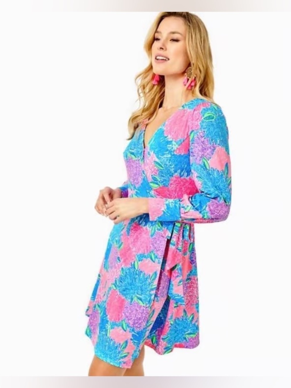 Lilly Pulitzer Bright Pink Floral Wrap Dress with Blue & Green Accents small